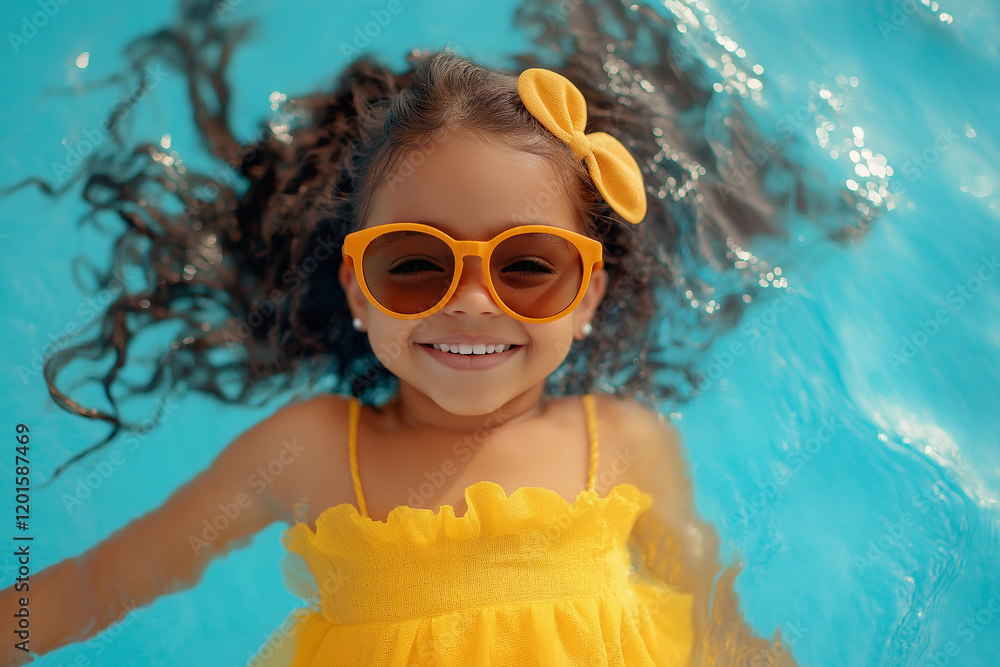 Naklejka premium Carefree child enjoying summer vacation, floating in crystal-clear pool water
