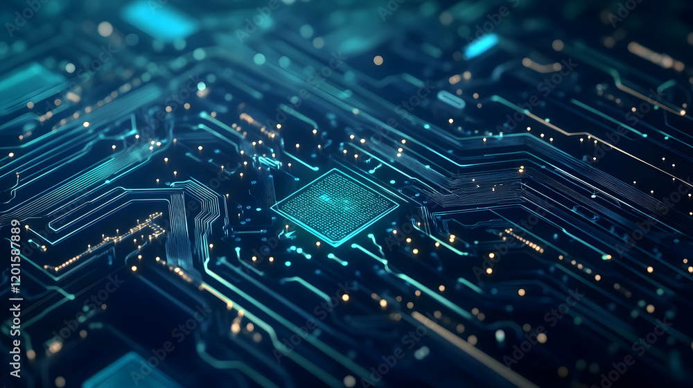 Close-up of a glowing circuit board, technology background, digital innovation concept Close-up of a glowing circuit board, technology background, digital innovation concept