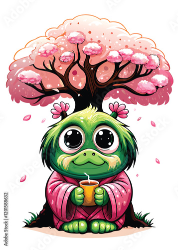 Design a comical monster wearing a traditional Japanese kimono, sipping tea with a humorous expression.