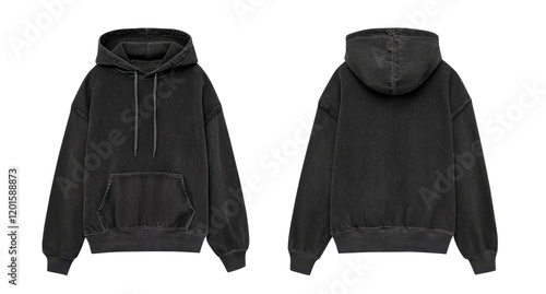 PNG Of Acid Washed Black Blank Hoodie Mockup Front And Back Isolated On Transparent Background	