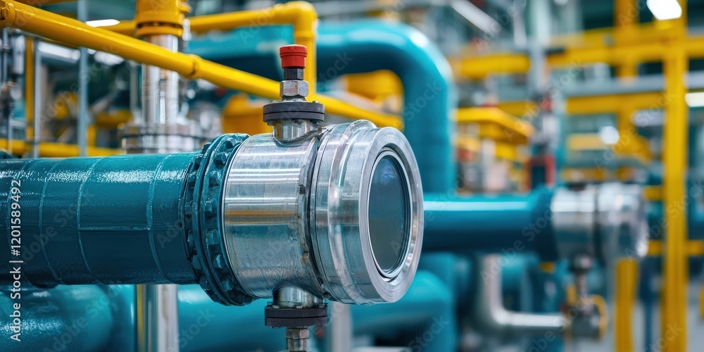 recycling carbon process efficiency concept. Industrial pipelines with blue and yellow components in a factory setting, showcasing modern engineering design. recycling carbon process efficiency concept. Industrial pipelines with blue and yellow components in a factory setting, showcasing modern engineering design.