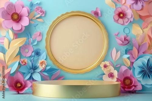 Product display podium mockup, colorful paper flowers background. Gold round frame