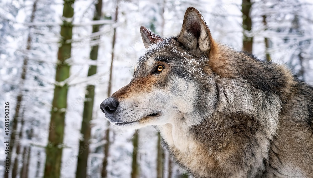 Fototapeta premium Eurasian wolf with snowy fur standing in a winter forest