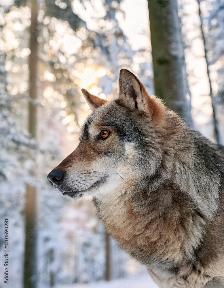 Fototapeta premium Wolf looking away in snowy forest at sunset