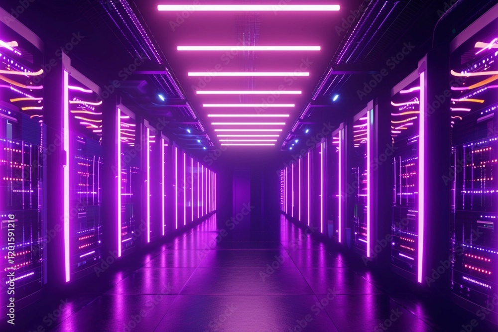 Futuristic hallway glowing with intense purple and pink neon lights. Futuristic hallway glowing with intense purple and pink neon lights.