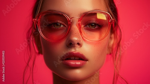 Wallpaper Mural Portrait of a woman with vibrant red sunglasses against neon lighting Torontodigital.ca