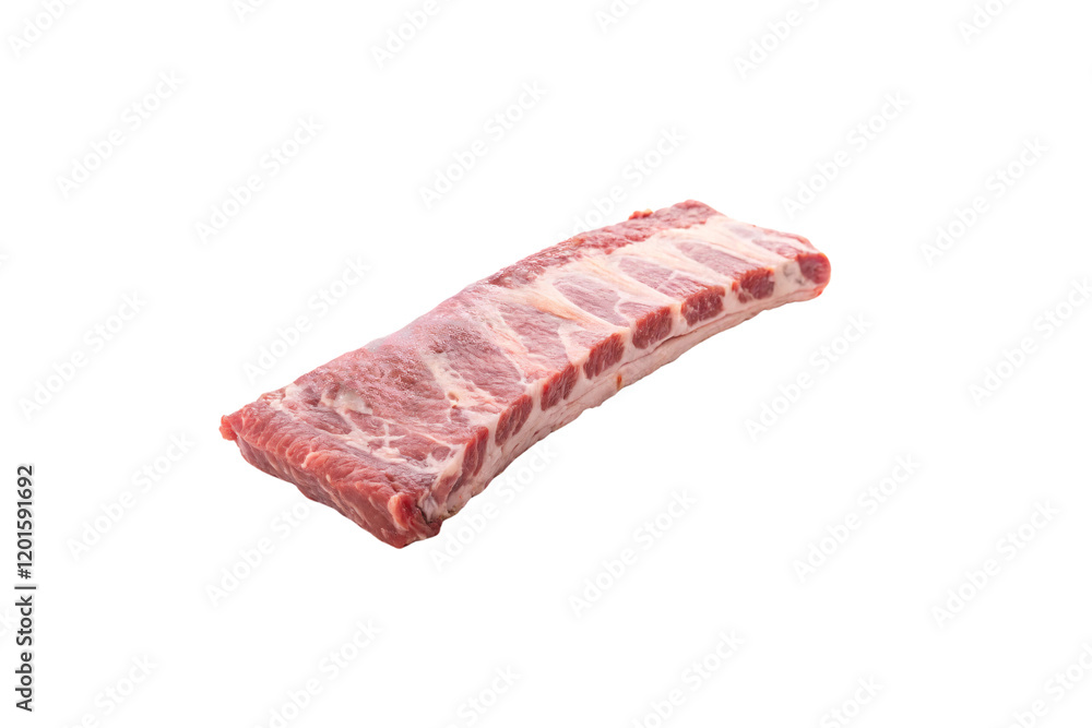 A raw pork ribs rack, pink with streaks of white fat, showing bone alignment. Perfect for grilling or slow-cooking recipes. Isolated on a transparent background A raw pork ribs rack, pink with streaks of white fat, showing bone alignment. Perfect for grilling or slow-cooking recipes. Isolated on a transparent background