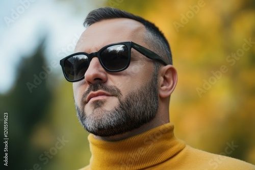 Confident man in sunglasses enjoys a sunny autumn day outdoors with vibrant foliage in the background