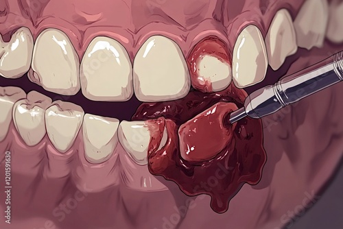 Close-up illustration of a dentist performing a tooth extraction, using surgical instruments to remove an infected tooth, with blood and gum tissue visible photo