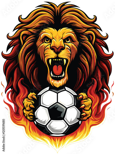 Design a majestic roaring lion holding a soccer ball with its powerful paws, showcasing its fierce determination and passion for the sport.