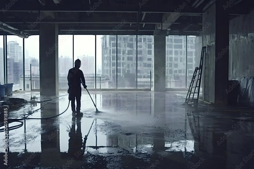 Professional cleaning service worker washing floor in modern office building using pressure washer, ensuring pristine and hygienic environment Professional cleaning service worker washing floor in modern office building using pressure washer, ensuring pristine and hygienic environment