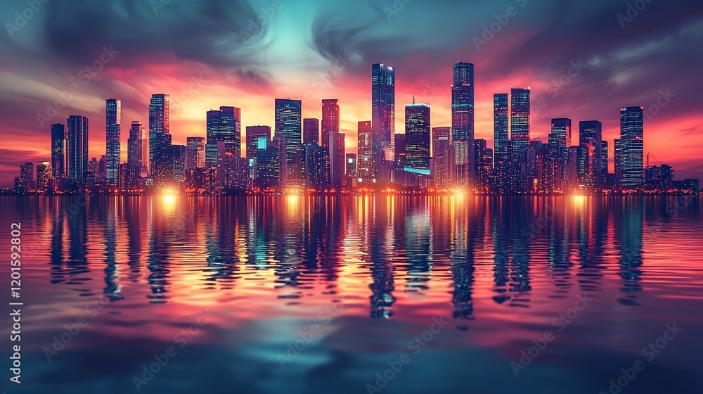 Fototapeta premium Vibrant city skyline reflected in calm water at sunset. (1)