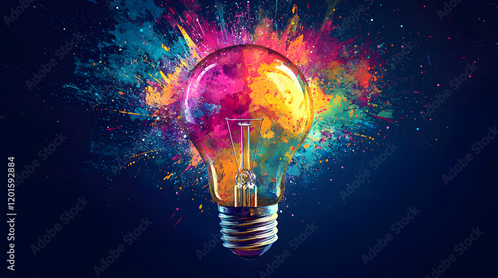 Creative explosion of colorful light bulb abstract art digital illustration vibrant environment close-up view concept of innovation Creative explosion of colorful light bulb abstract art digital illustration vibrant environment close-up view concept of innovation