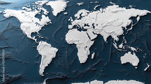 Fototapeta Naklejka Na Ścianę i Meble -  Detailed 3D relief map of the world showcasing topography and ocean depths with a dark blue background