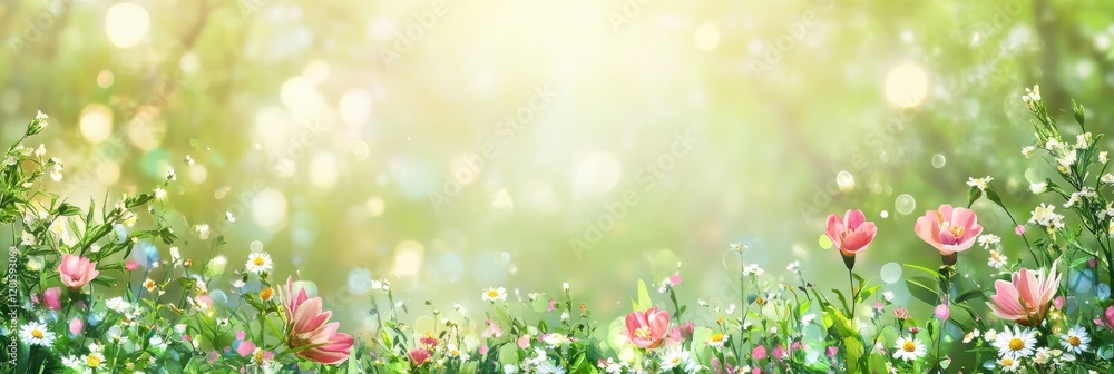 Fototapeta premium Blooming spring meadow with colorful wildflowers and sunlit background