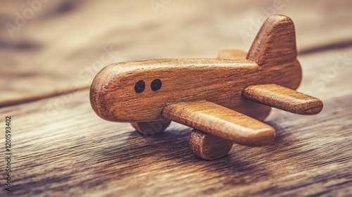 Wooden toy airplane on rustic table, blurred background, travel concept. photo