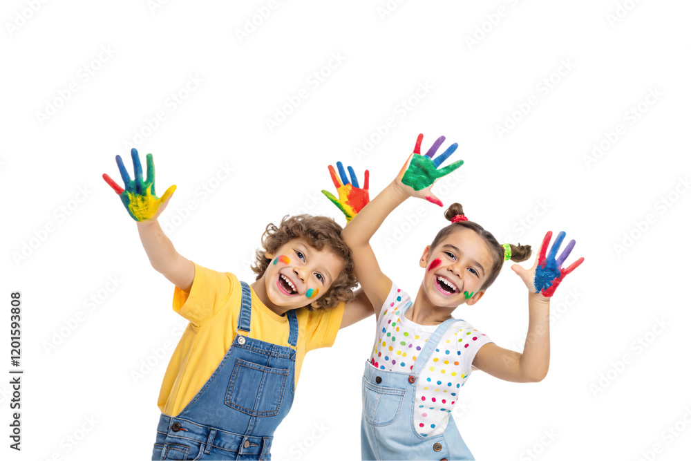 Two joyful children in overalls, faces and hands smeared with colorful paint, enthusiastically showing their hands in a fun and creative moment. Isolated on a transparent background
