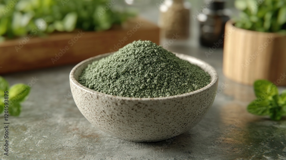 Bowl of green herbal powder on table. Bowl of green herbal powder on table.