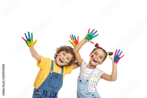 Obraz na płótnie Two joyful children in overalls, faces and hands smeared with colorful paint, enthusiastically showing their hands in a fun and creative moment. Isolated on a transparent background w salonie
