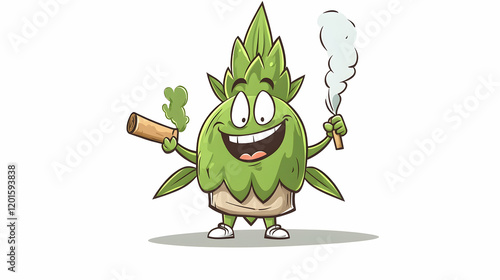 Happy cannabis bud cartoon smoking joint, white background, fun illustration, perfect for cannabis-related content photo