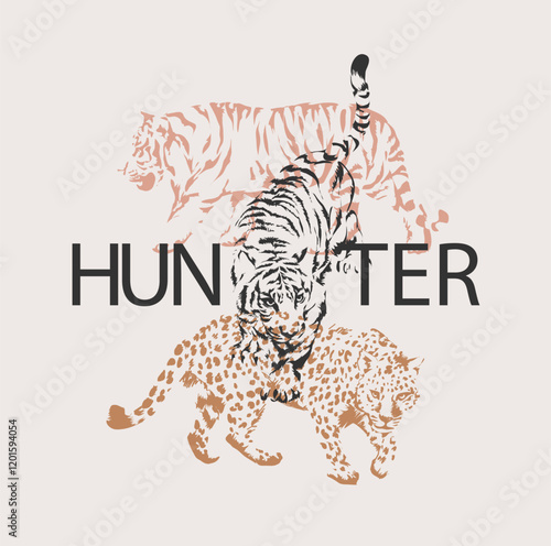hunter slogan with tiger and leopard silhouette vector illustration for fashion print