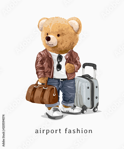 airport fashion slogan with bear doll in leather jacket and luggage vector illustration