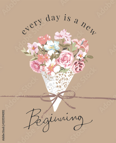 new beginning calligraphy slogan with flower bouquet vector illustration