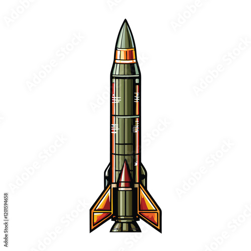 A highly detailed illustration of a ballistic missile, showcasing the intricate seams and rivets on its exterior. Focus on the technical aspects of the missile design.