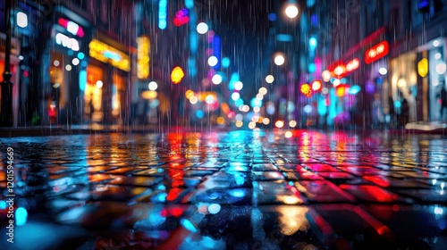 Wallpaper Mural Rainy Night Cityscape: Vibrant Reflections on Wet Cobblestone Street Torontodigital.ca