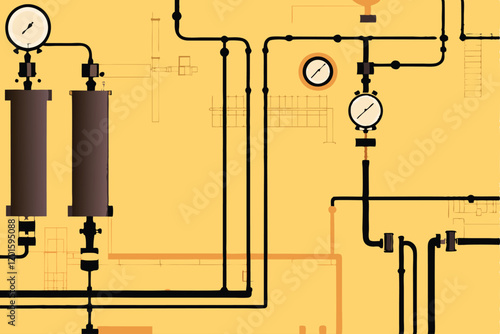 Generate a highly detailed blueprint of a factory, showcasing intricate pipeline systems, various sized tanks, and a complex network of interconnected components.