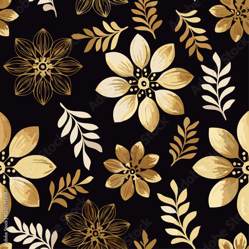 Verschnörkelte florale Muster auf einem schwarzen Hintergrund bei denen die Blüten und Blätter in glänzendem Gold hervortreten