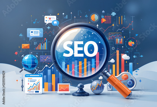 Data Analysis SEO Magnifier with Charts and Graphs