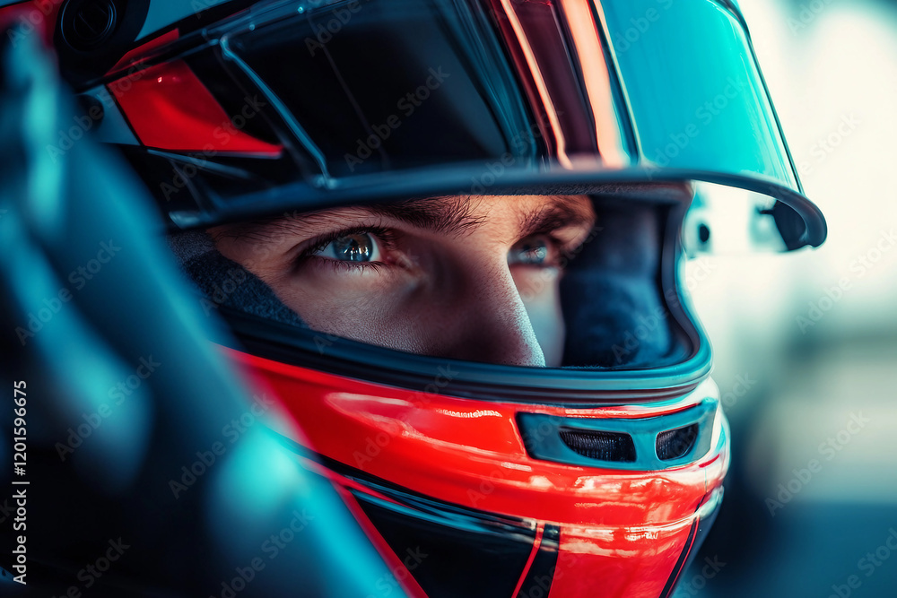 Intense portrait of a focused car racer in a helmet showcasing determination and speed, generative AI Intense portrait of a focused car racer in a helmet showcasing determination and speed, generative AI