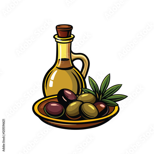 A detailed vector illustration of a glass bottle of olive oil with a green olive branch, showcasing the rich golden color of the oil and the intricate details of the bottle.