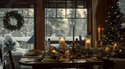 Cozy Winter's Eve Gathering Candlelit Dinner Table by the Christmas Tree and Snowy Window photo