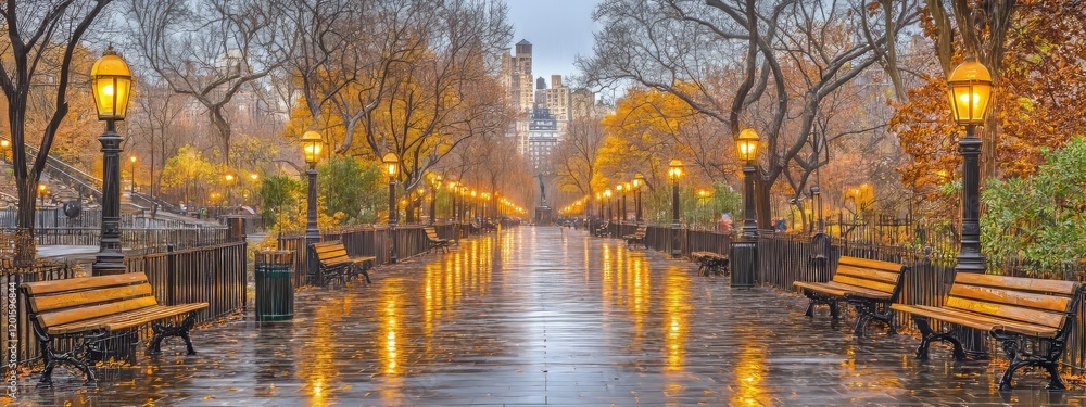 Rainy Night in the Park, Wet Pavement Reflecting Lantern Lights, Trees, Benches, Urban Tranquility, Peaceful Atmosphere, Cityscape Rainy Night in the Park, Wet Pavement Reflecting Lantern Lights, Trees, Benches, Urban Tranquility, Peaceful Atmosphere, Cityscape
