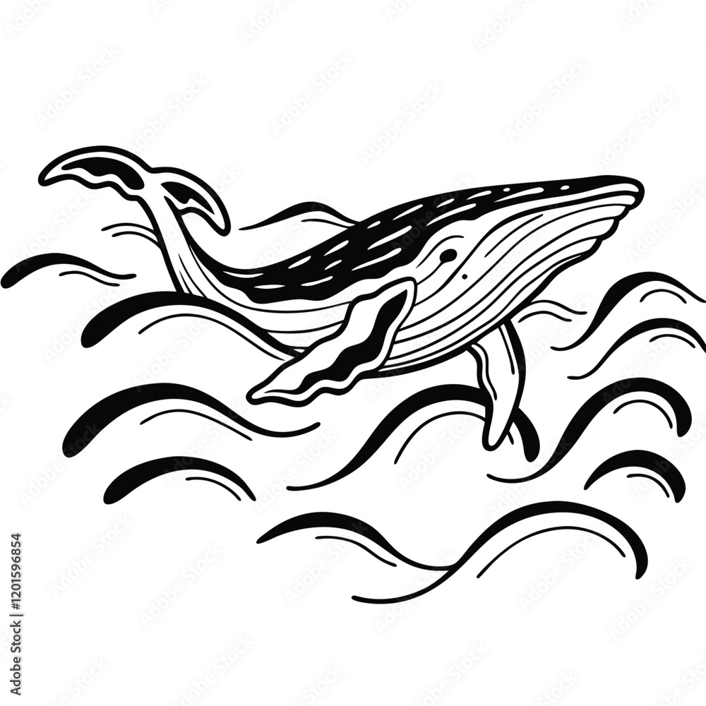 Fototapeta premium Abstract Whale and Waves A large whale swimming in ocean waves, created using a flowing, continuous line style Adobe Illustrator Artwork