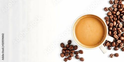 Top View Coffee Cup With Coffee Beans on a White background. 