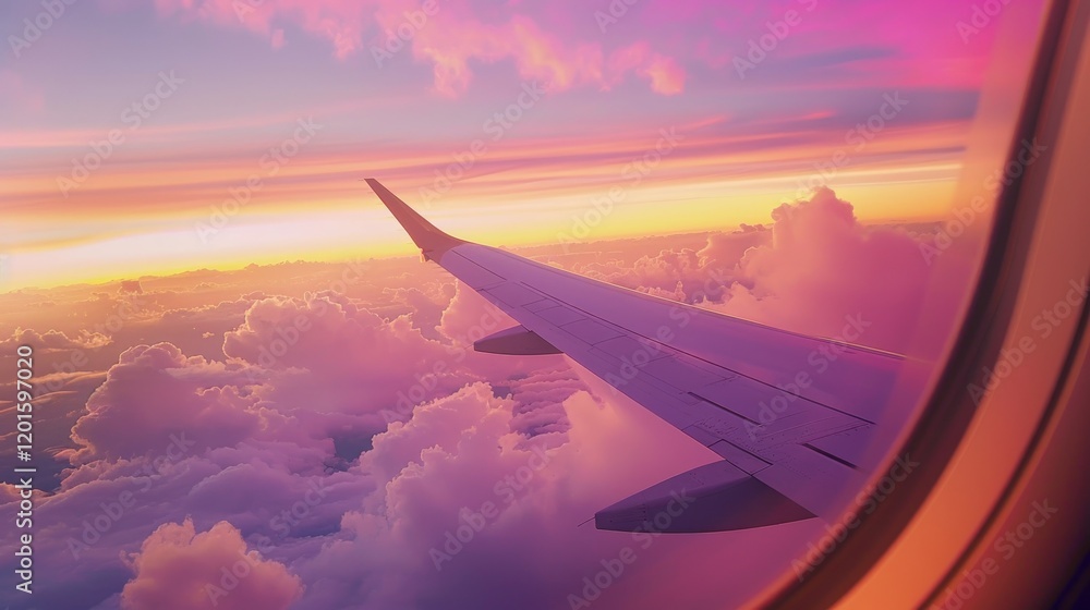 Obraz premium Airplane wing, sunset cloudscape, aerial view, travel
