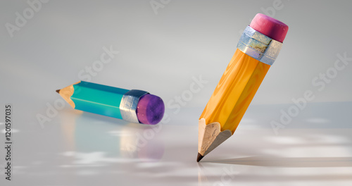 A cartoon-style 3D yellow pencil on a white background with detailed reflections and shadows. A highly detailed design perfect for Knowledge Day, September 1st, or back-to-school themes.