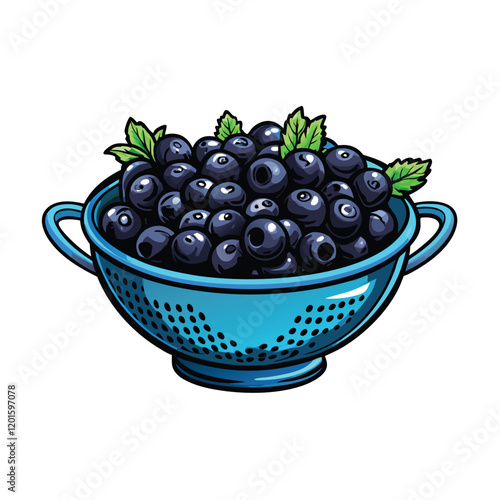 A highly detailed vector illustration of a metal colander overflowing with fresh, vibrant red and green fruits.