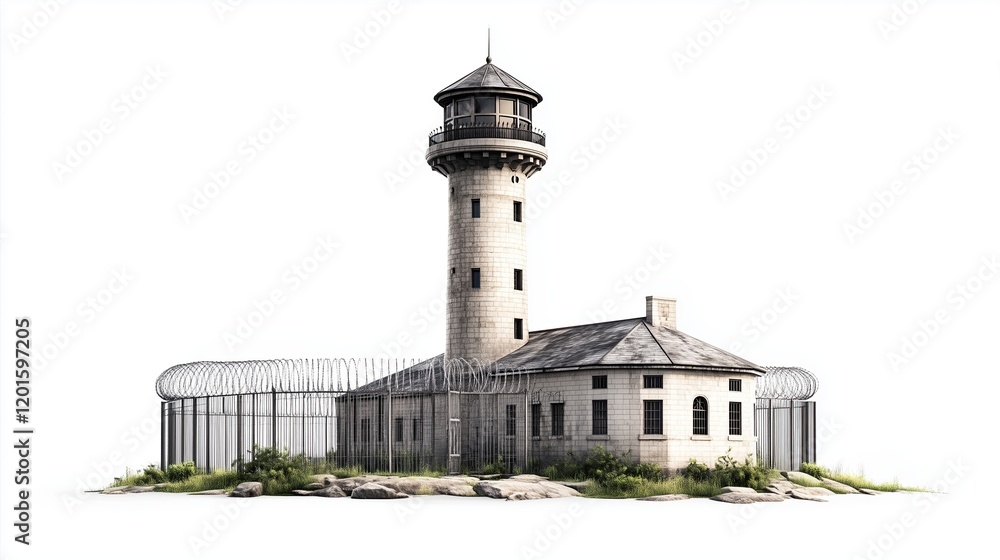 Bastille Prison building with tower and barbed wire fencing, Bastille Day Bastille Prison building with tower and barbed wire fencing, Bastille Day