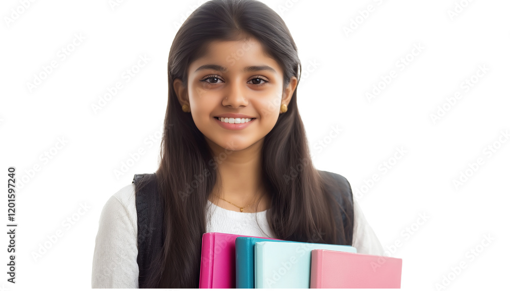 A beautiful young Indian student girl holding books, smiling and looking at the camera, isolated on a transparent background png (2) A beautiful young Indian student girl holding books, smiling and looking at the camera, isolated on a transparent background png (2)