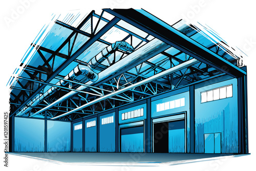 A detailed vector illustration of a large, modern industrial warehouse with high ceilings and intricate details, showcasing its industrial architecture.