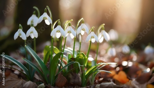 Cluster of white snowdrops in a forest clearing during golden hour in early spring.