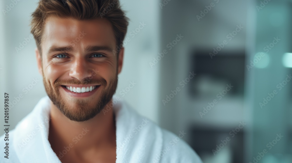 An athletic European man beams with a bright smile, showcasing his teeth. Wearing a bathrobe, he stands in a stylish interior, exuding confidence and warmth with space for text. An athletic European man beams with a bright smile, showcasing his teeth. Wearing a bathrobe, he stands in a stylish interior, exuding confidence and warmth with space for text.