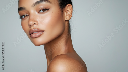 A stunning close-up of a woman with flawless skin, radiating beauty and elegance, perfect for promoting cosmetics or skincare products. Ideal for beauty, fashion, or lifestyle themes.