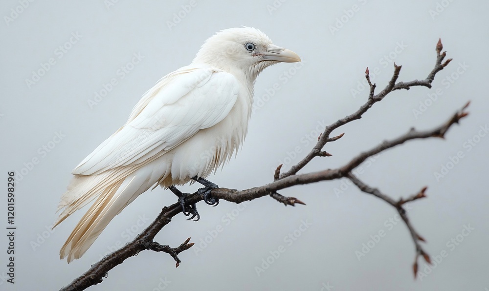 Albino crow perched on branch, misty background, wildlife photography Albino crow perched on branch, misty background, wildlife photography