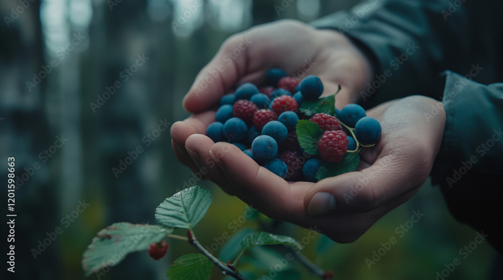 Hands Gently Holding Freshly Picked Berries in a Forest Setting During Berry Harvest Hands Gently Holding Freshly Picked Berries in a Forest Setting During Berry Harvest