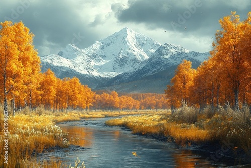 Serene autumn landscape with golden trees reflecting in a calm river flowing towards a snow capped mountain photo